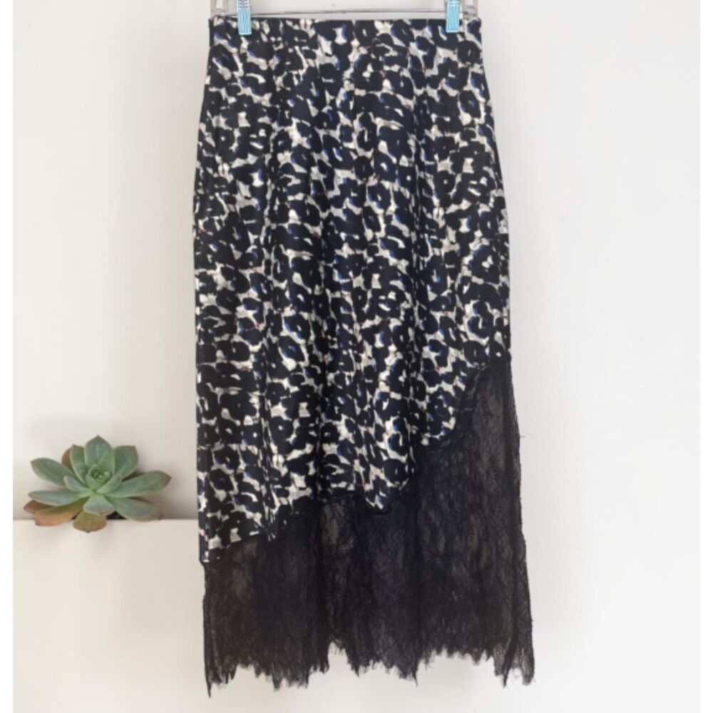 Navy Animal Print Lace Hem Midi Skirt Women's Size Small Elegant Pull-On